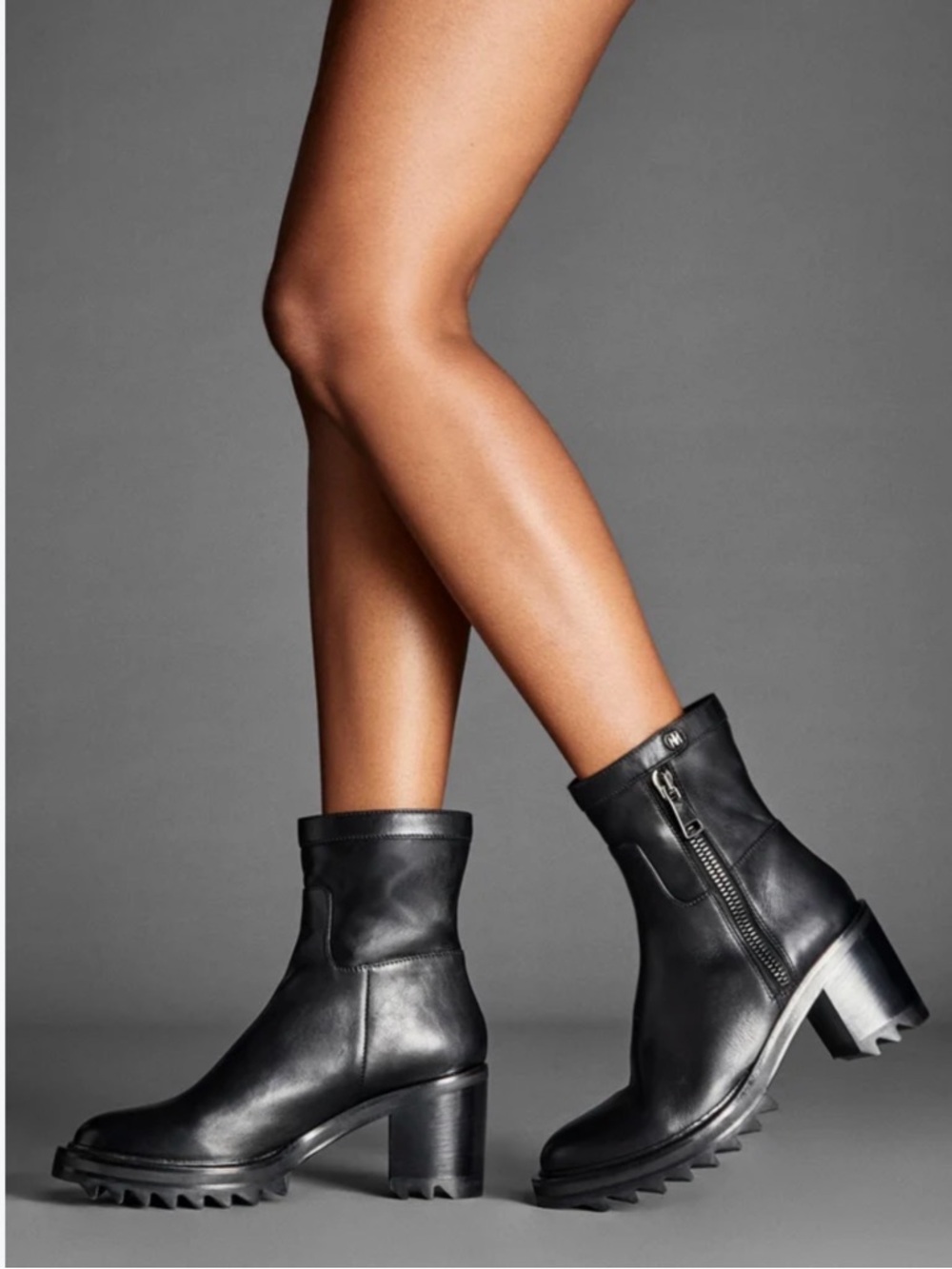 Tamara Mellon Black Leather Lug-Sole Block Heel Ankle Boots